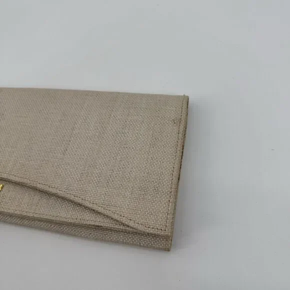 Vintage Beige Long Linen Fabric Envelope Clutch Bag Gold Tone - Picture 3 of 11